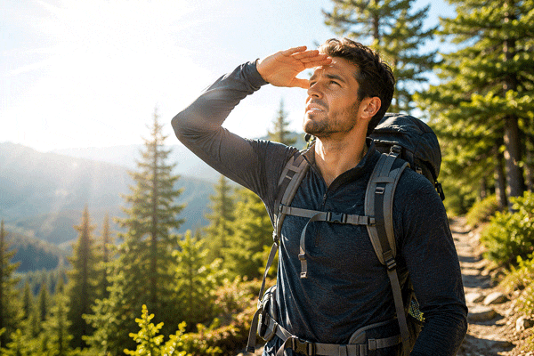 Hiker in Arizona is shading his eyes because of his photophobia light sensitivity. photophobia light sensitivity treatment at Barnet Dulaney Perkins.