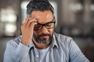 A middle-aged man with gray hair and a beard wearing glasses and a light blue shirt rests his hand on his temple while looking down thoughtfully.