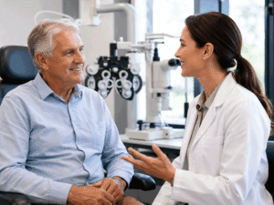 Senior man in a comprehensive eye exam for eye floaters at Barnet Dulaney Perkins.