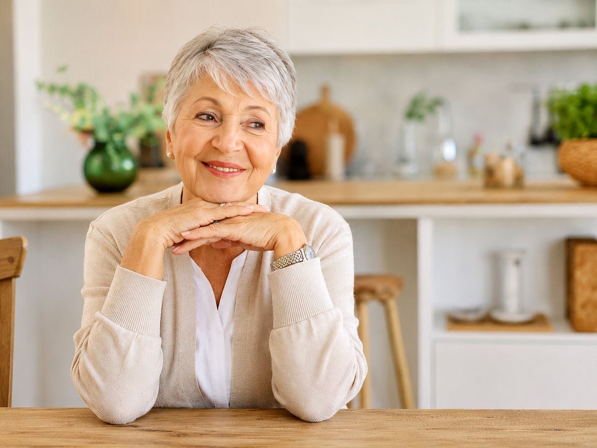 Senior woman at home an happy after her eye floater treatment at Barnet Dulaney Perkins in Phoenix, Arizona.