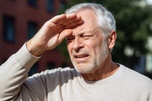 senior man suffering from light sensitivity, early signs of cataracts