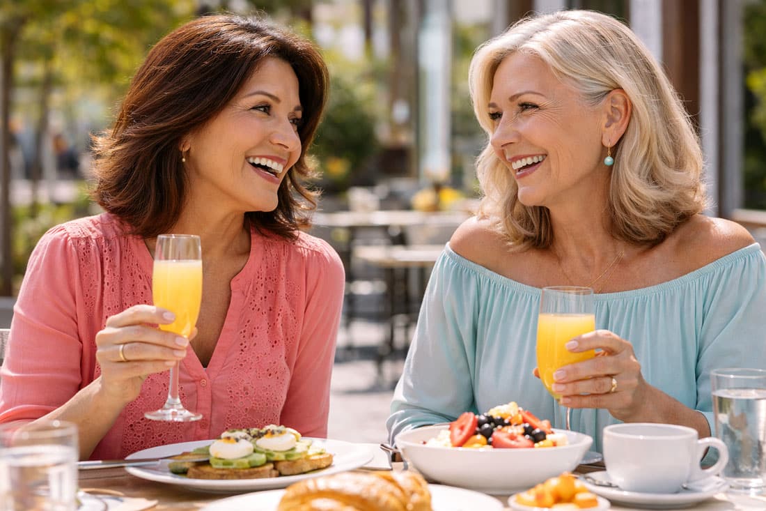 Cataract Surgery Recovery Timeline two senior women enjoying sunny brunch outdoors, Barnet Dulaney Perkins Eye Center