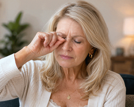 Senior woman rubbing her eyes after asking cataract surgery questions from Barnet Dulaney Perkins in Phoenix, Arizona.