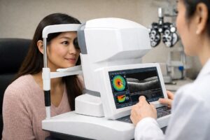 Patient taking an OCT test to determine Hypertensive Retinopathy at Barnet Dulaney Perkins in Arizona.