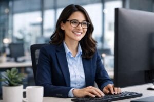 Woman working comfortably with her computer screen glasses after squinting with glasses too much before she got help at Barnet Dulaney Perkins.
