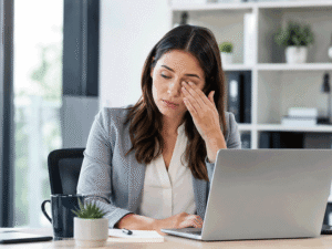 30-year-old woman rubbing an irritated eye while working at a laptop, illustrating eye comfort concerns and the question “is vision correction safe?” for Barnet Dulaney Perkins Eye Center.