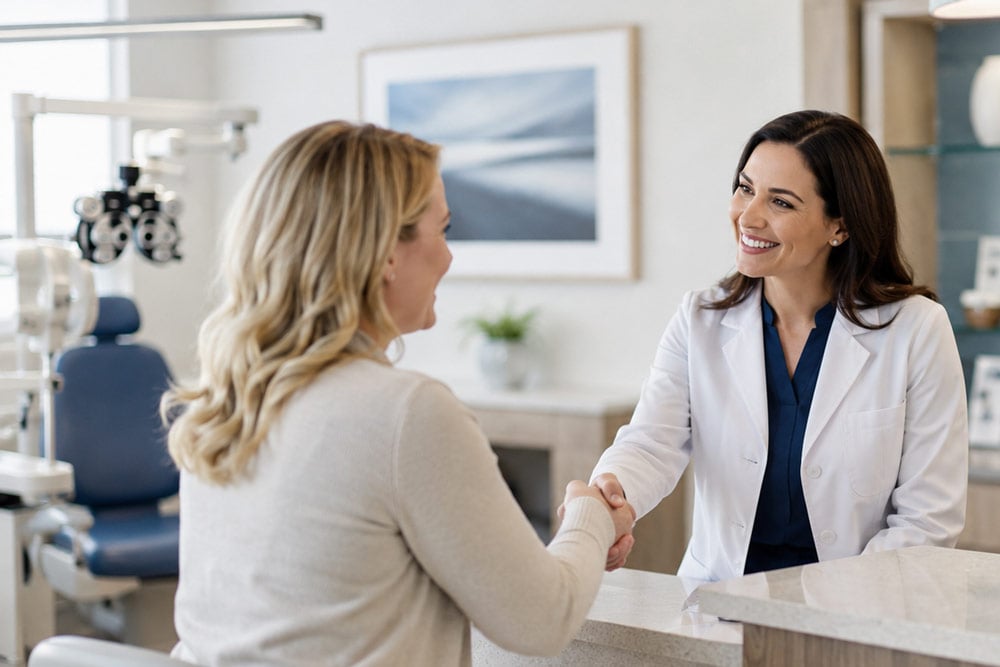 Patient welcomed by an eye care provider at a modern clinic as Moretsky Cassidy Vision Correction transitions to Barnet Dulaney Perkins Eye Center.