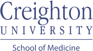 Blue Creighton University School of Medicine logo with stacked text and a horizontal line above “School of Medicine.”