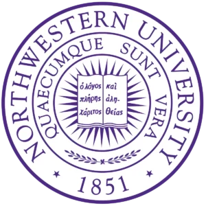 Seal of Northwestern University featuring a sunburst, an open book with Latin text, and the year 1851.