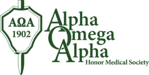 Logo featuring a green shield labeled AQA 1902 on the left and the intertwined AOA letters with the text Alpha Omega Alpha on the right.