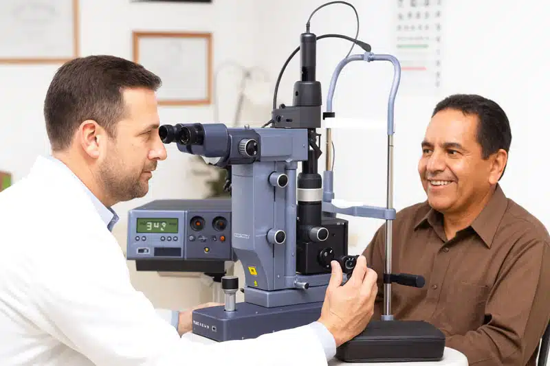 A middle-aged eye doctor performs an SLT (Selective Laser Trabeculoplasty) glaucoma treatment using a slit lamp on a smiling Hispanic male patient in a bright, professional eye clinic.