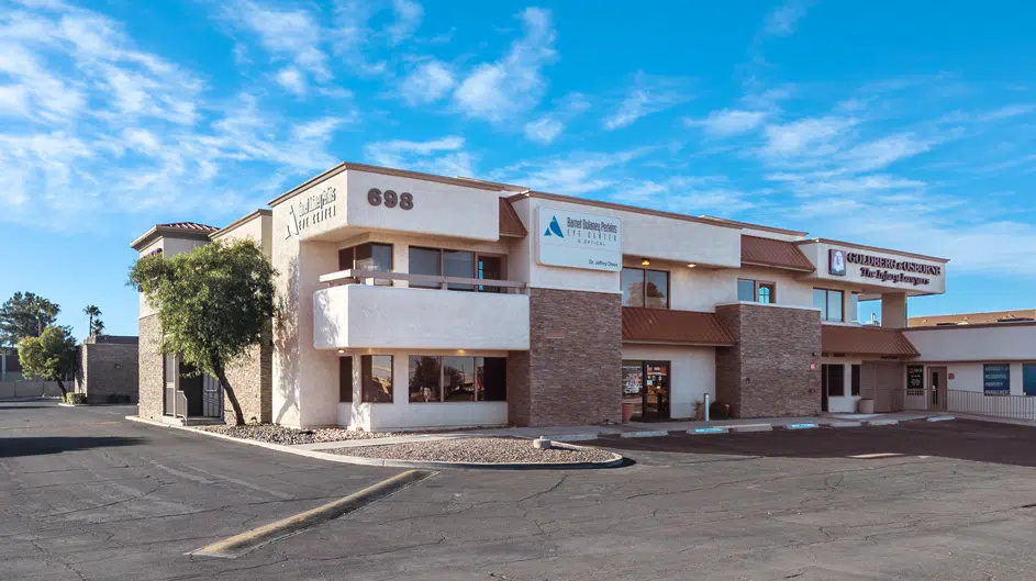 Exterior photo of our Barnet Dulaney Perkins Eye Center building in Tucson, AZ on Wetmore Rd.