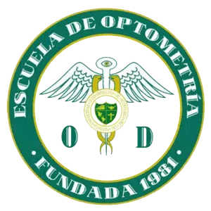 Circular green and gold emblem of the Escuela de Optometría with a winged crest and the inscription Fundada 1951.