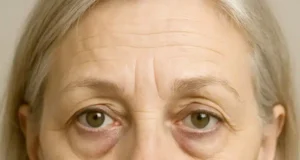 Patient smiling after lower blepharoplasty surgery, showing smoother under-eye contours and a refreshed, natural appearance.