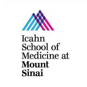 Logo for the Icahn School of Medicine at Mount Sinai featuring stylized blue and pink mountain peaks.