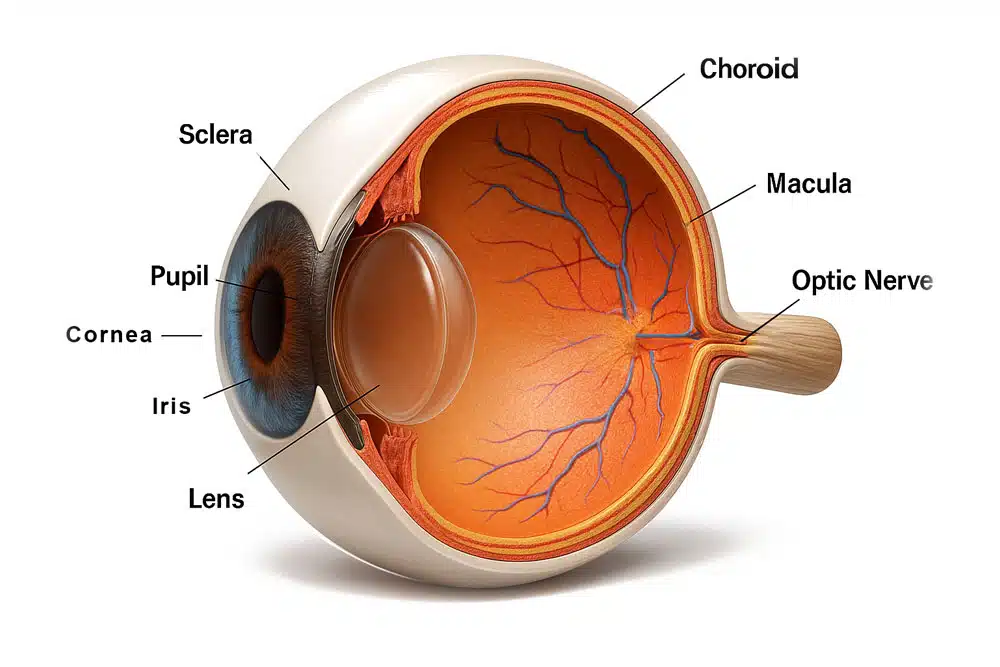 Cross-section diagram of the human eye labeling the cornea, pupil, iris, lens, sclera, choroid, macula, and optic nerve.