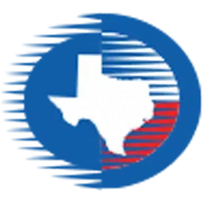 Circular blue logo featuring the white silhouette of Texas with a red-and-white striped area on the right.