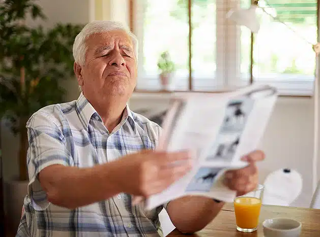 older man squinting at a newspaper up close illustrating myopia as a cause of blurry vision