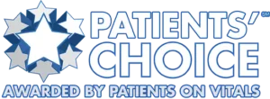 Patients' Choice logo with blue stars and the tagline 'Awarded by Patients on Vitals'.