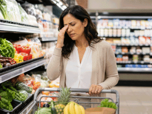 Barnet Dulaney Perkins Eye Center patient experiencing sudden eye pain while grocery shopping and asking, why am I seeing spots, during an urgent vision change.