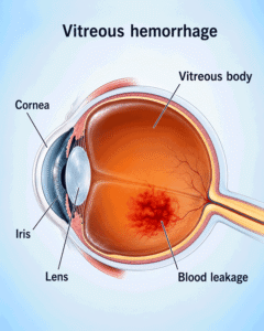 Barnet Dulaney Perkins Eye Center medical illustration for why am I seeing spots, showing a vitreous hemorrhage inside the eye with labeled anatomy including the cornea, iris, lens, vitreous body, and area of blood leakage.