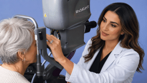 Eye surgeon with patient for a light-adjustable lens implant.