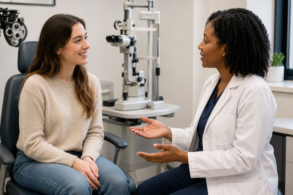 Young woman speaks with an African American woman eye doctor during a LASIK consultation in a modern eye clinic.