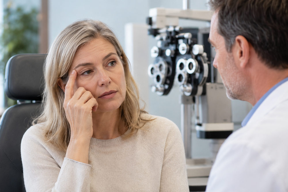 Patient discussing persistent eyelid twitching and facial muscle spasms with an eye doctor during an eye exam.
