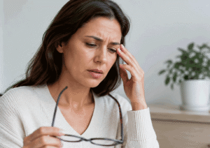 Woman experiencing eyelid twitching and blurry vision while wondering if the evil eye can affect your vision at Barnet Dulaney Perkins Eye Center.