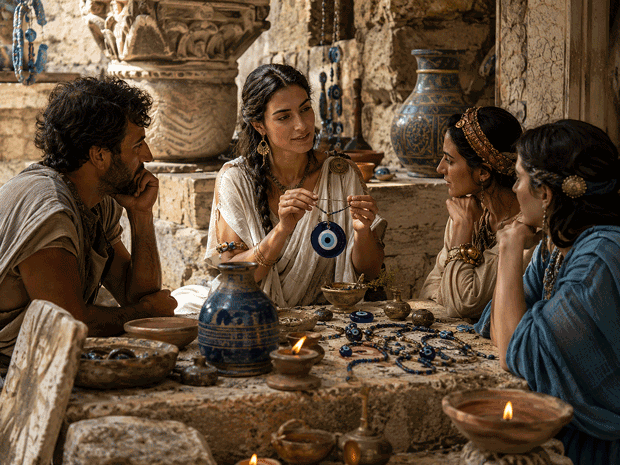 Group of people examining an evil eye charm in a historic cultural setting, representing the origins of evil eye beliefs and the question can the evil eye affect your vision at Barnet Dulaney Perkins Eye Center.