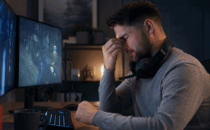 Male gamer rubbing tired eyes after screen time, representing digital eye strain and whether the evil eye can affect your vision at Barnet Dulaney Perkins Eye Center.