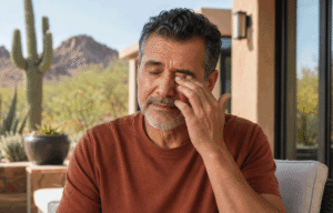 Half-Hispanic man rubbing his irritated eye on an Arizona patio, representing dry eye symptoms and whether the evil eye can affect your vision at Barnet Dulaney Perkins Eye Center.
