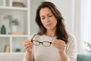 Woman looking frustrated while holding her glasses, representing blurry vision concerns and whether the evil eye can affect your vision at Barnet Dulaney Perkins Eye Center.