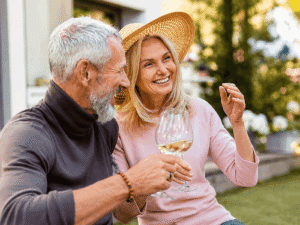 Smiling senior couple relaxing outdoors, representing lifestyle goals after evaluation for keratoconus symptoms at Barnet Dulaney Perkins Eye Center.