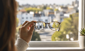 Blurred city view seen clearly through eyeglasses, representing nearsightedness treatment options at Barnet Dulaney Perkins Eye Center.