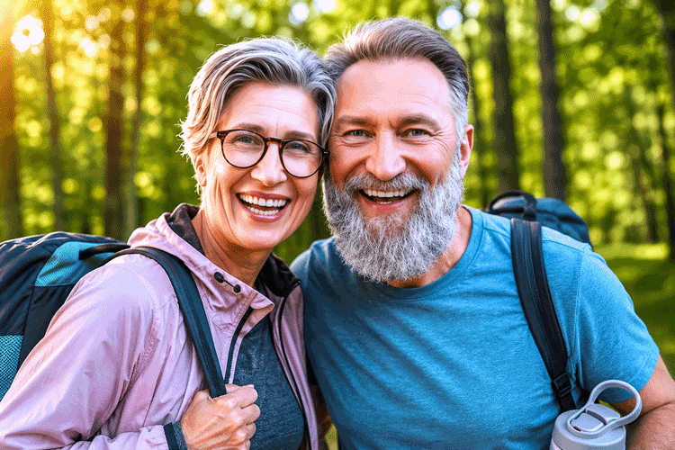 Senior couple happily hiking again after a retinitis pigmentosa diagnosis from Barnet Dulaney Perkins in Phoenix, Arizona.