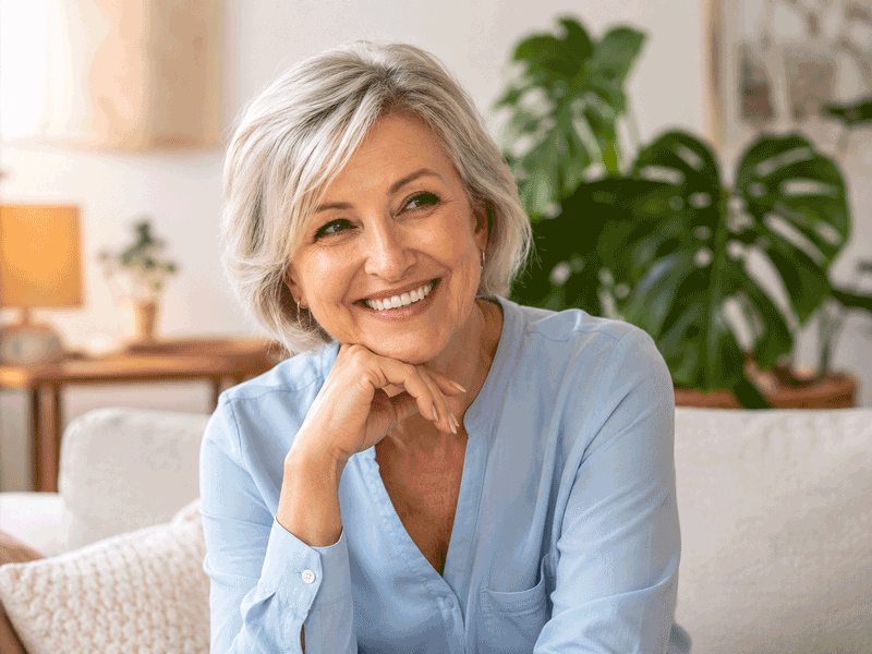 Senior woman relaxing at home after treating her dry eye after cataract surgery at Barnet Dulaney Perkins in Phoenix, Arizona.