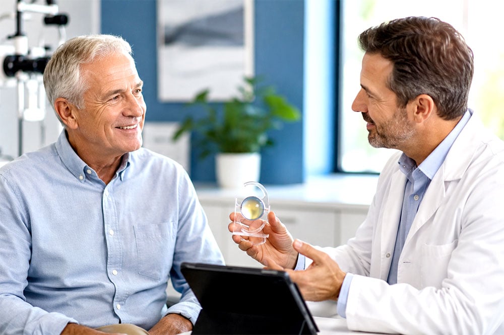 Older patient asking an eye doctor cataract surgery questions during a consultation.