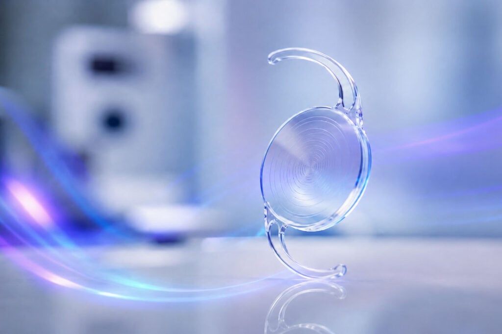 Clear intraocular lens on a reflective surface with soft blue and purple light, representing the Light Adjustable Lens used in cataract surgery.