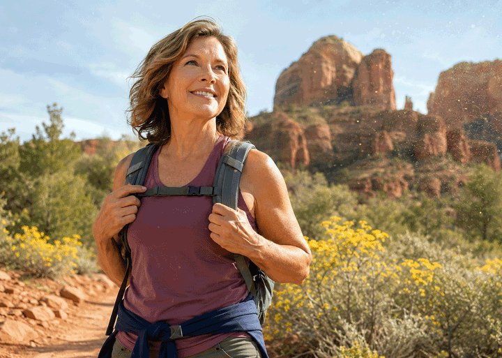 Woman hiking near Sedona with pollen in the air, illustrating outdoor dryness and irritation for patients learning about artificial tears for dry eyes at Barnet Dulaney Perkins Eye Center.