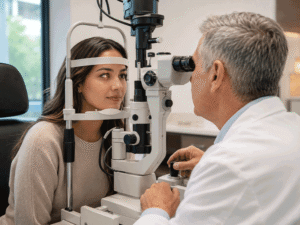 Hispanic woman receiving a slit lamp exam from an eye doctor while discussing artificial tears for dry eyes at Barnet Dulaney Perkins Eye Center.