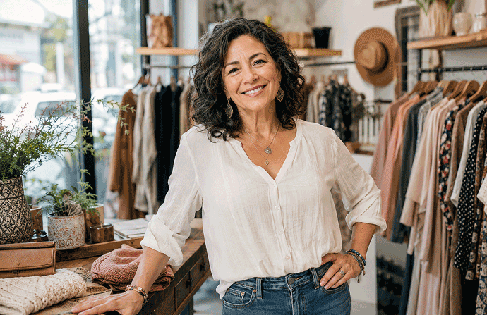 Barnet Dulaney Perkins Eye Center image for eye problems that cause headaches showing an attractive 50-year-old half Mexican woman smiling and working comfortably in her downtown fashion boutique after finding relief from headache-related vision strain.