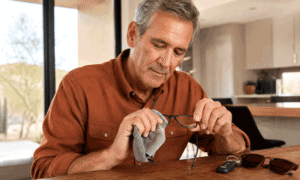 Older man cleaning his eyeglasses with a microfiber cloth at a kitchen table, with car keys and sunglasses nearby.