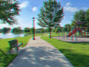 Point-of-view image of a park path and playground with duplicated overlapping scenery, illustrating binocular double vision for binocular vision vs double vision at Barnet Dulaney Perkins Eye Center.