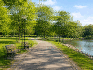 vPoint-of-view image of a park path with duplicated overlapping scenery, illustrating double vision for binocular vision vs double vision at Barnet Dulaney Perkins Eye Center.