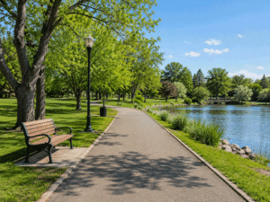 Healthy point-of-view scene of a clear park path with strong depth perception, illustrating binocular vision vs double vision for Barnet Dulaney Perkins Eye Center.