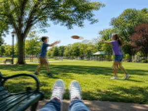 Point-of-view image of two kids playing frisbee in a park with ghosting in one eye, illustrating monocular double vision for binocular vision vs double vision at Barnet Dulaney Perkins Eye Center.