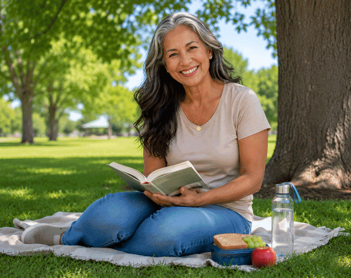 50-year-old woman smiling while reading under a shady tree in a park, illustrating comfortable clear vision for binocular vision vs double vision at Barnet Dulaney Perkins Eye Center.
