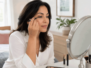 Barnet Dulaney Perkins Eye Center patient applying eyeliner while learning how eye makeup may contribute to blepharitis symptoms.