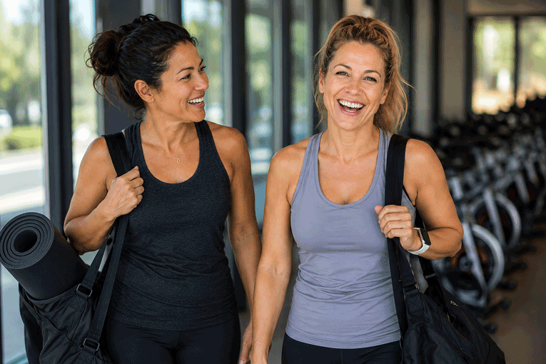 Barnet Dulaney Perkins Eye Center patients heading to a spin class while learning about blepharitis symptoms.